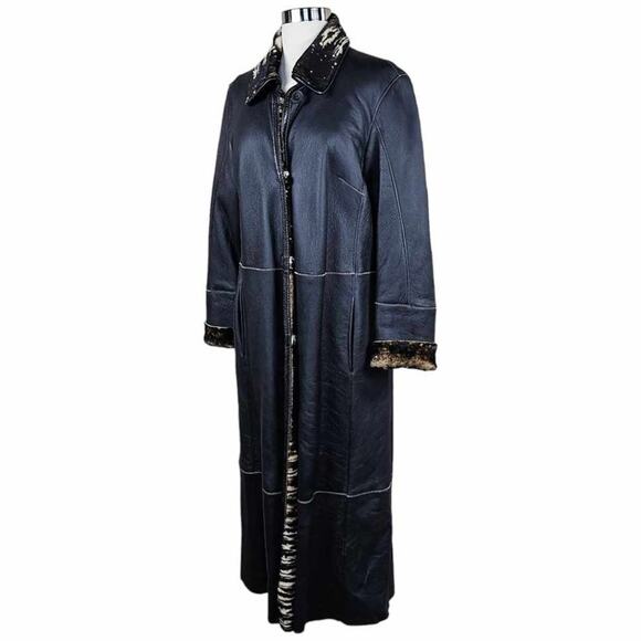 Artico Black Leather Long Trench Coat Animal Print Shearling $5,495 Size 42 - Picture 7 of 14